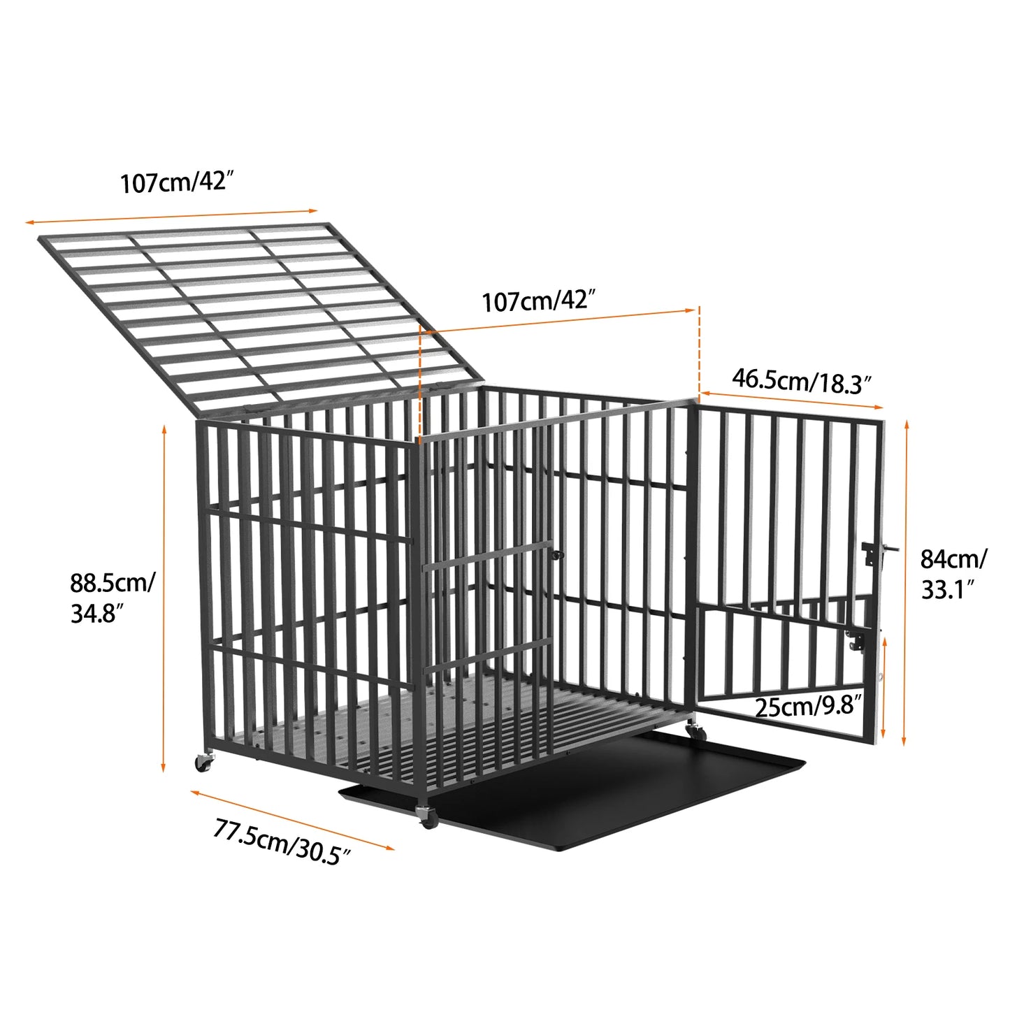 Cage pour chien robuste avec 4 roue verrouillable, 3 portes, plateau amovible