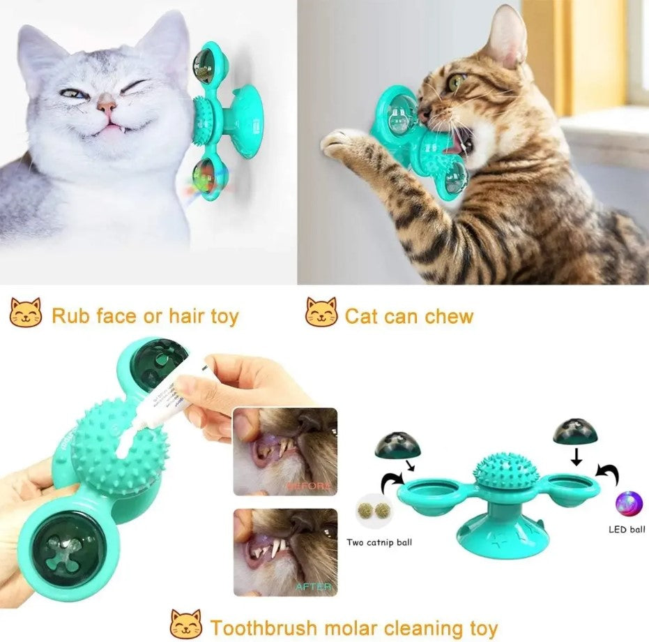 Moulin à vent pour chat, jouet interactif avec plateau tournant, brosse intégré