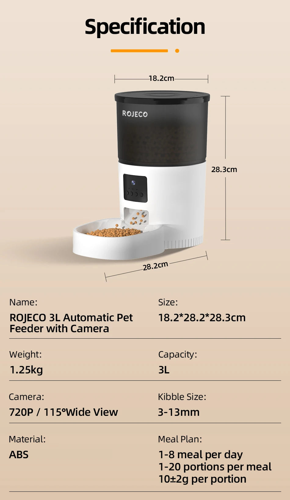 ROJECO 3L Distributeur automatique de nourriture  avec caméra vidéo