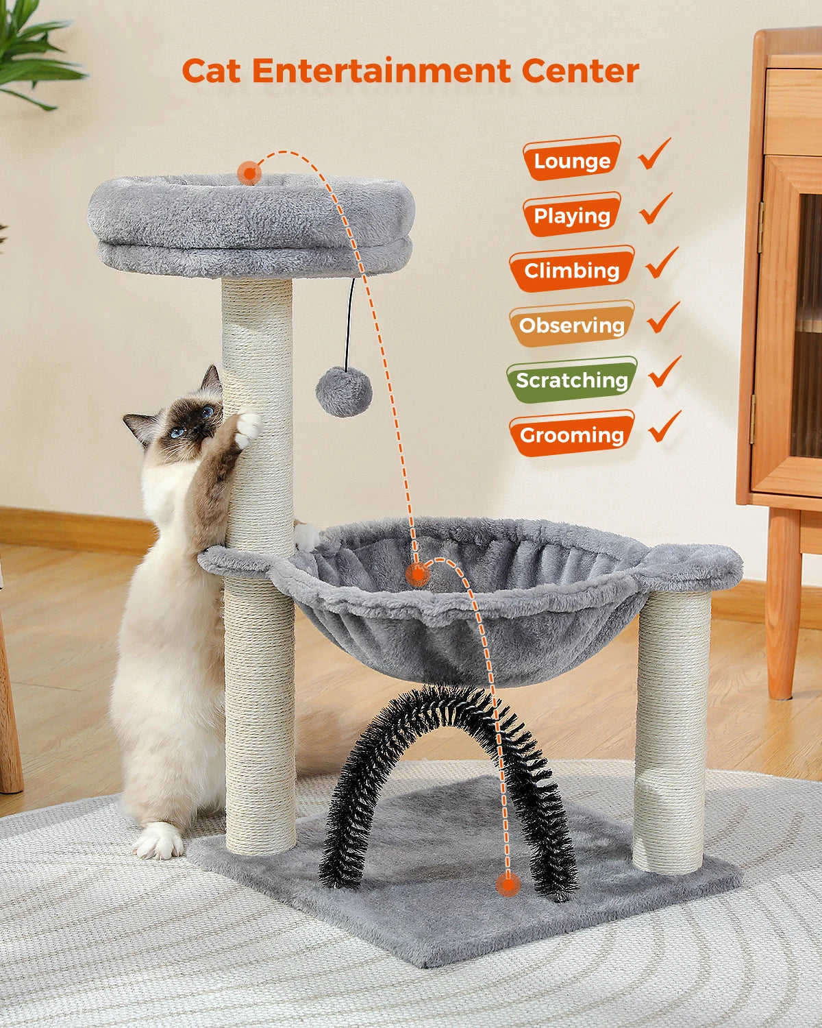 Arbre à chat d'intérieur de 90 cm de hauteur avec hamac, brosse de toilettage amovible