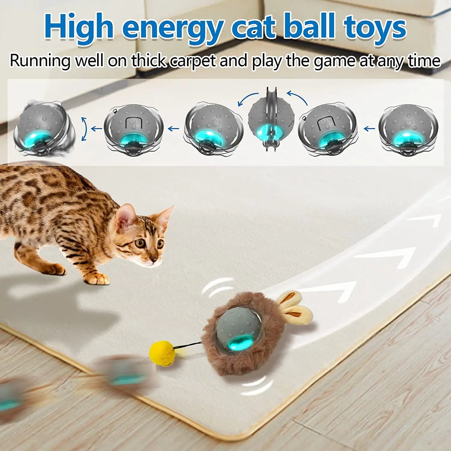 Balle interactive intelligente avec son d'oiseau, lumière LED pour chat