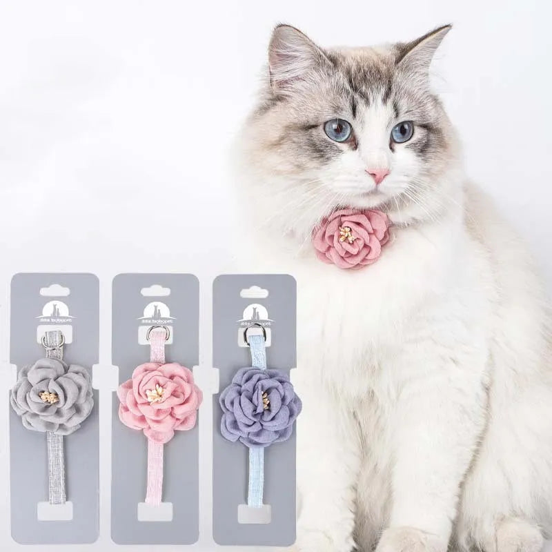 Collier en coton et lin, orné d'une fleur en 3D pour chat et petit chien