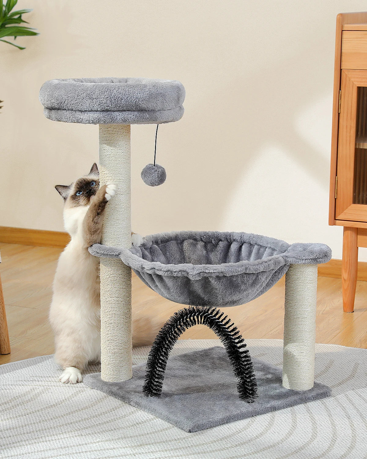 Arbre à chat d'intérieur de 90 cm de hauteur avec hamac, brosse de toilettage amovible