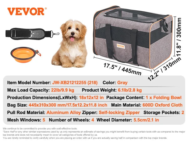 VEVOR Sac de transport respirant pour animaux de compagnie