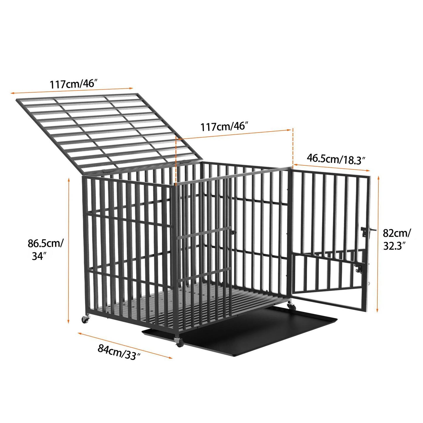 Cage pour chien robuste avec 4 roues verrouillables, 3 portes, plateau amovible