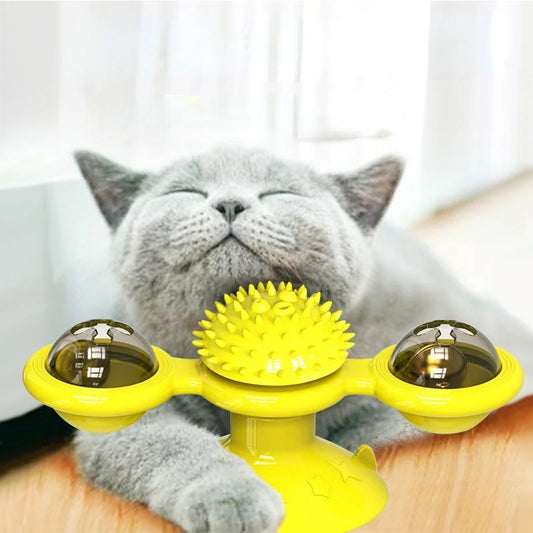 Moulin à vent pour chat, jouet interactif avec plateau tournant, brosse intégré