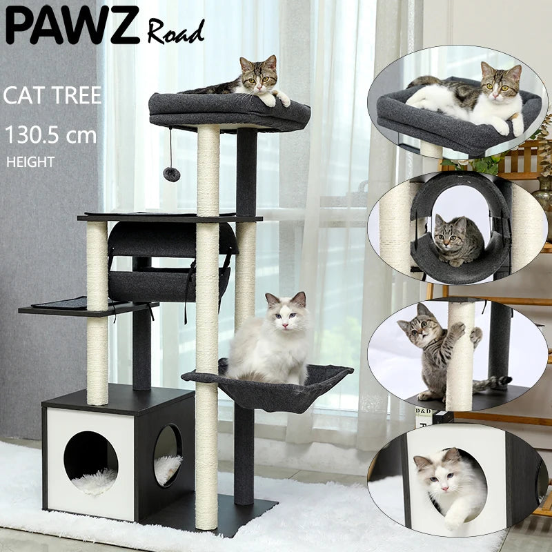 Arbre à chat moderne avec poteaux à gratter et tunnel PAWZRoad